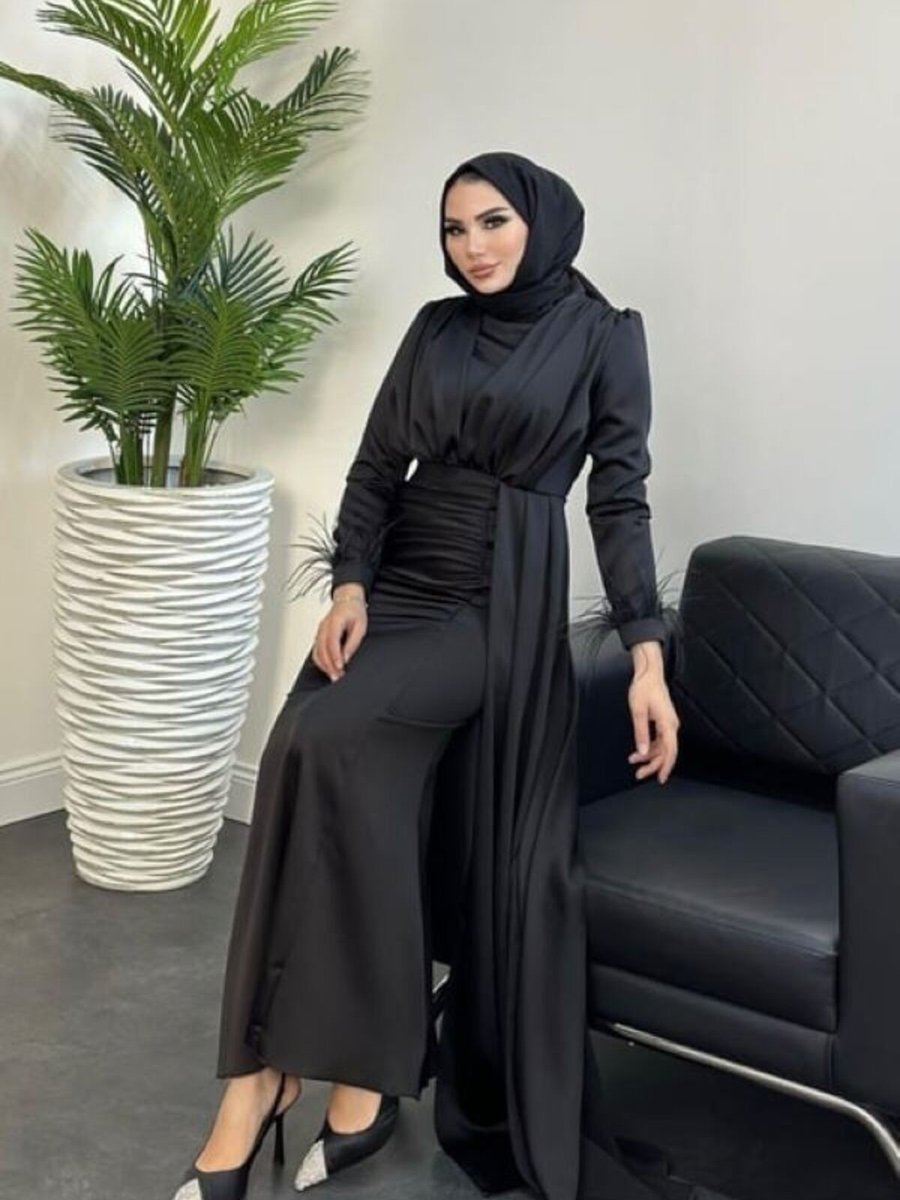 Sezi Moda Giyim Kuyruklu Saten Abiye Elbise