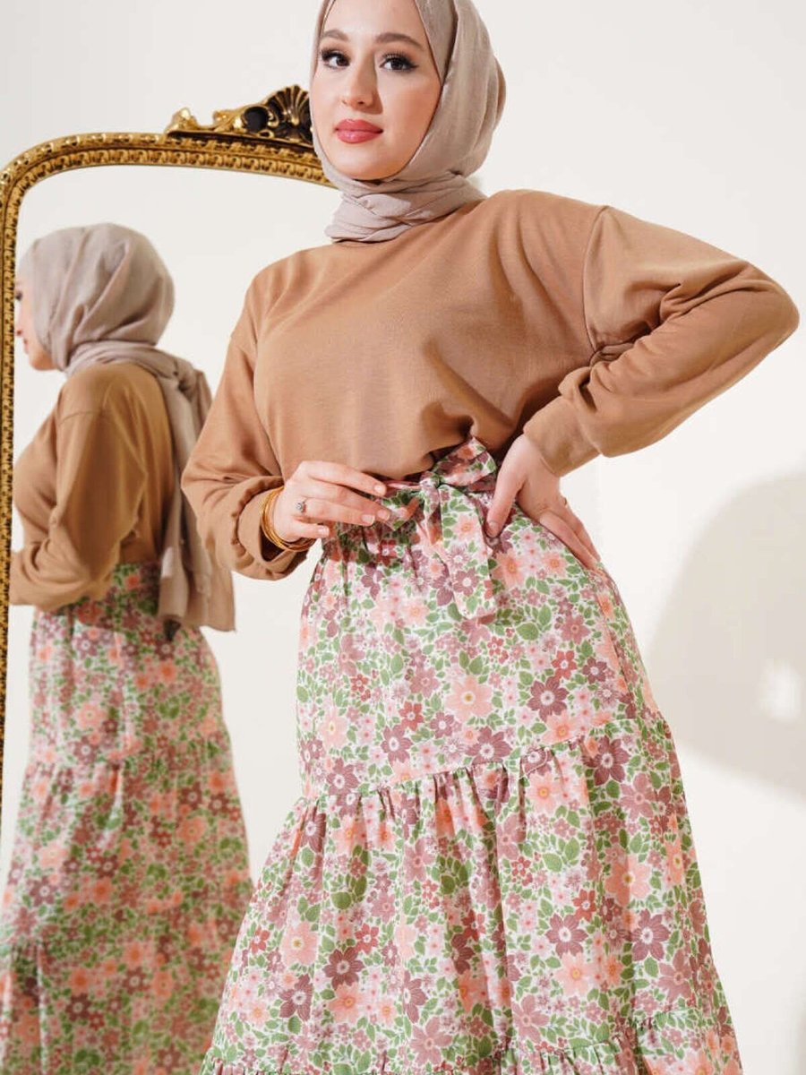 VOLT CLOTHİNG Bej Çiçek Desenli Etekli İkili Takım