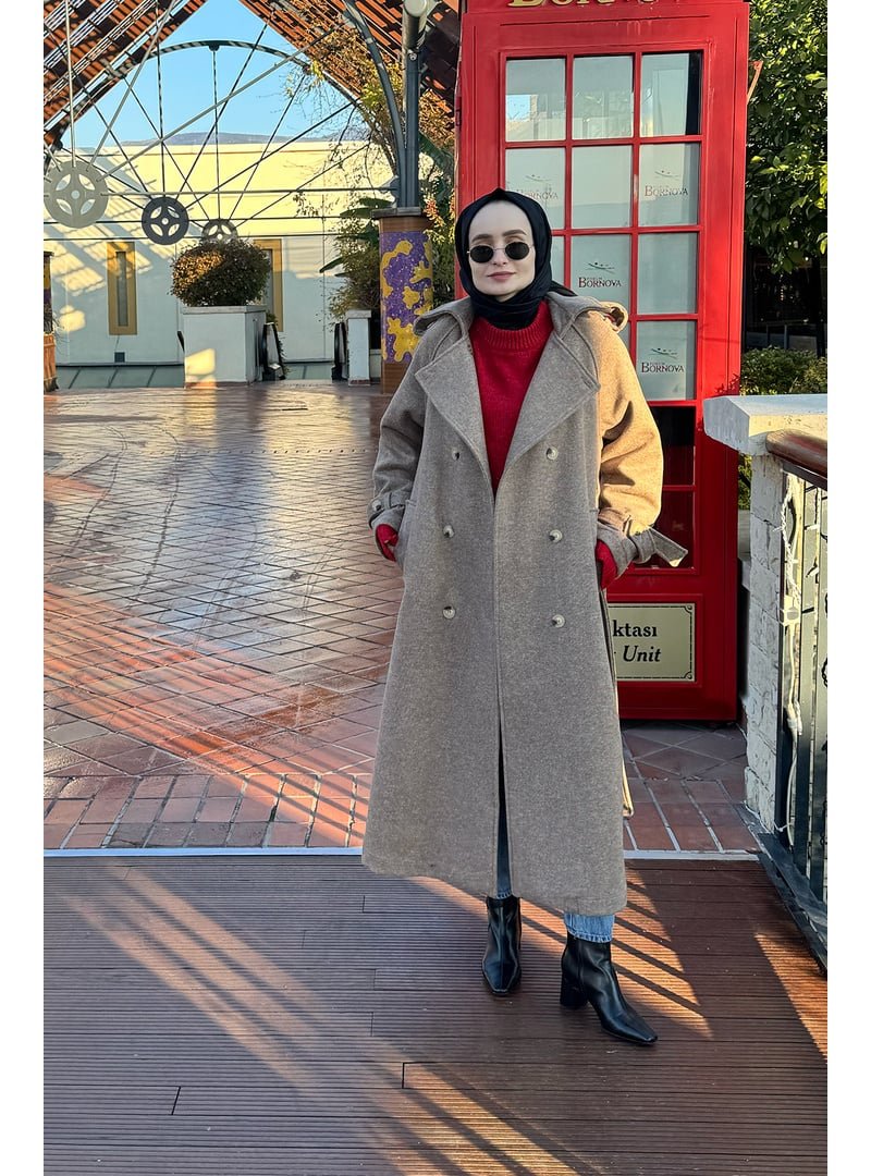 Mevra Apolet Detaylı Kaşe Kaban Kahve