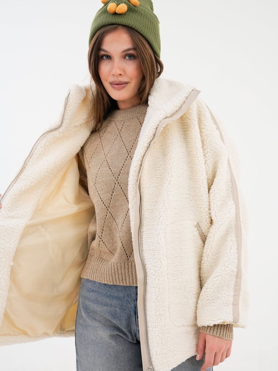 VOLT CLOTHİNG Krem Şerit Detaylı Fermuarlı Peluş Mont