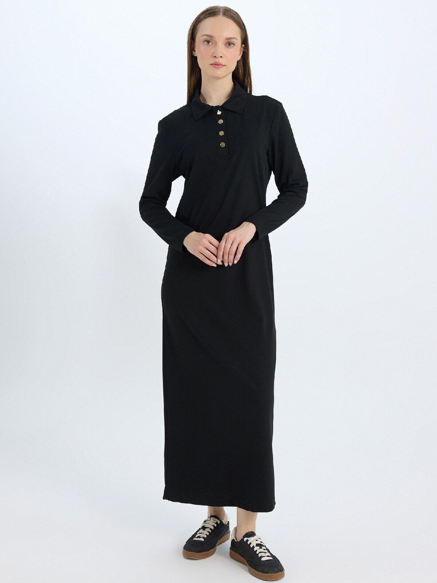 Defacto Regular Fit Yaka Basic Düz Uzun Kollu Pike Maxi Gömlek Elbise