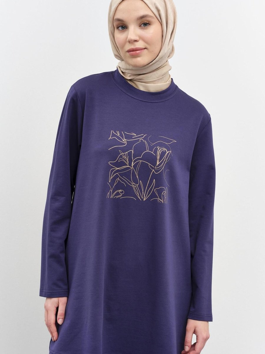 Tuğba Baskı Desenli Örme Sweat Lacivert