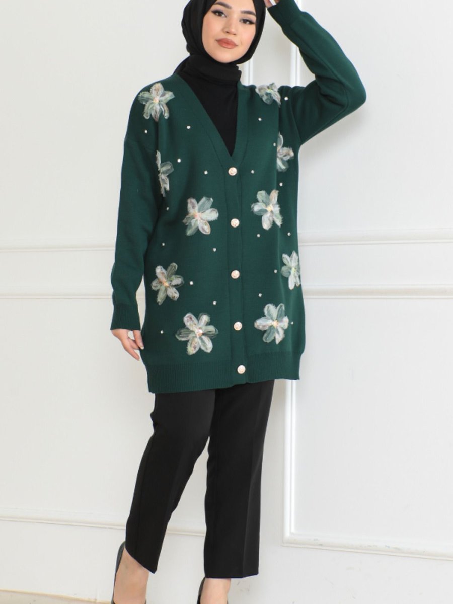 Burcufashion Yeşil Çiçek İşlemeli Triko Hırka