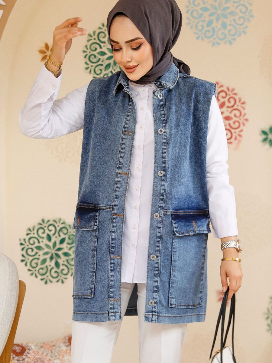 Neva Style Düğmeli Koyu Mavi Kot Yelek