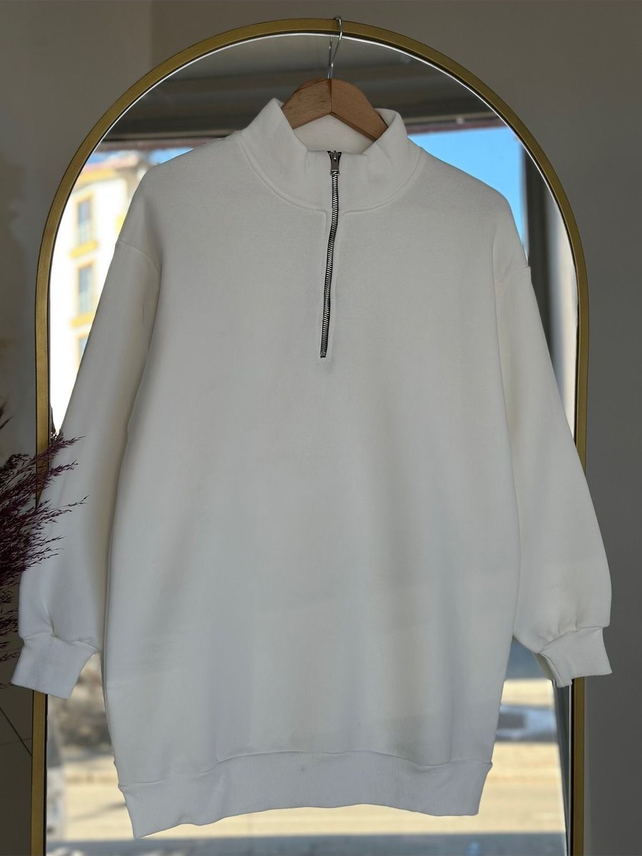 Ebrar Store Birgül Fermuarlı Yarım Balıkçı Üç İp Sweat Beyaz