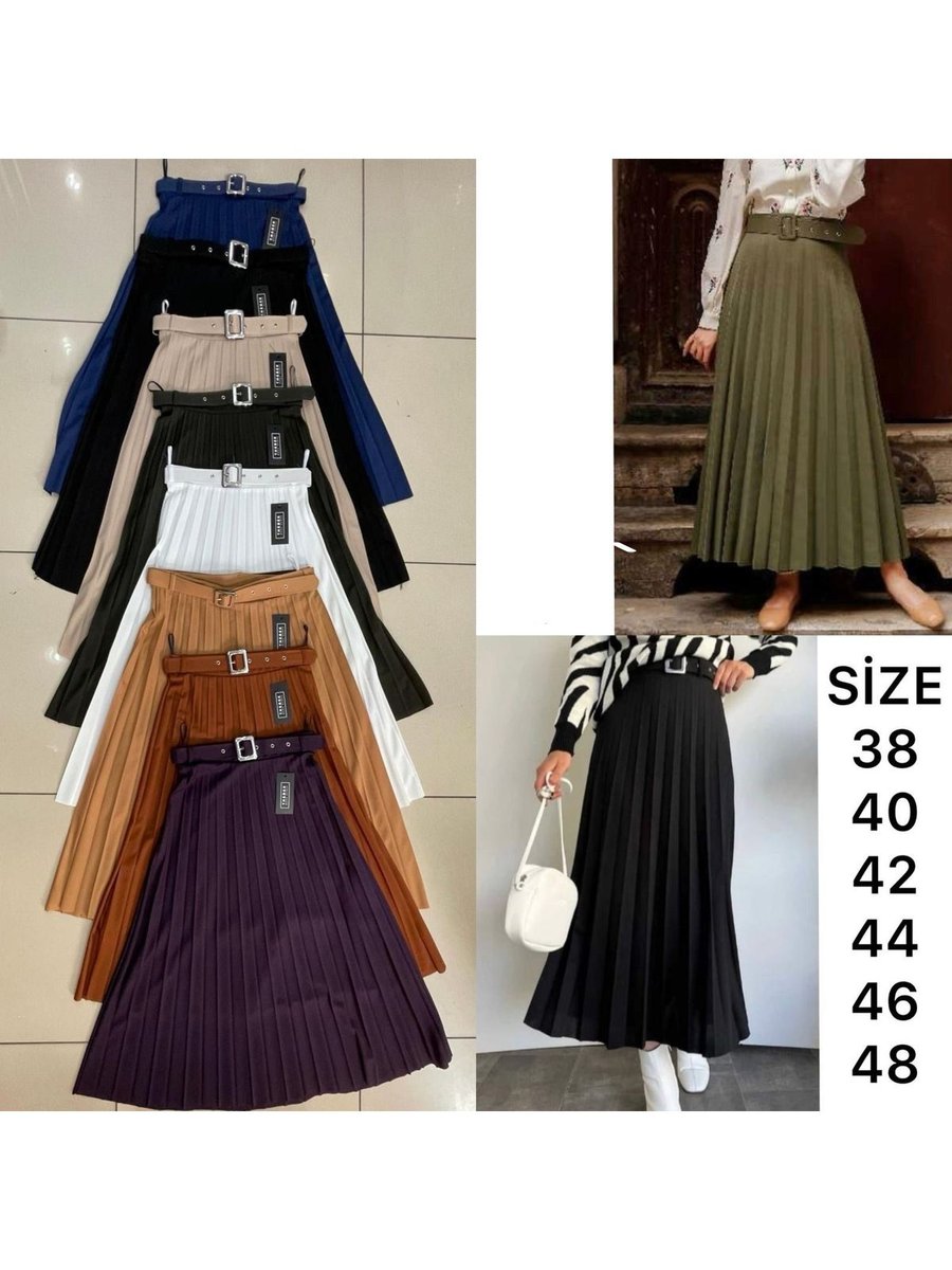 Moda Kemerli Pileli Sole Etek