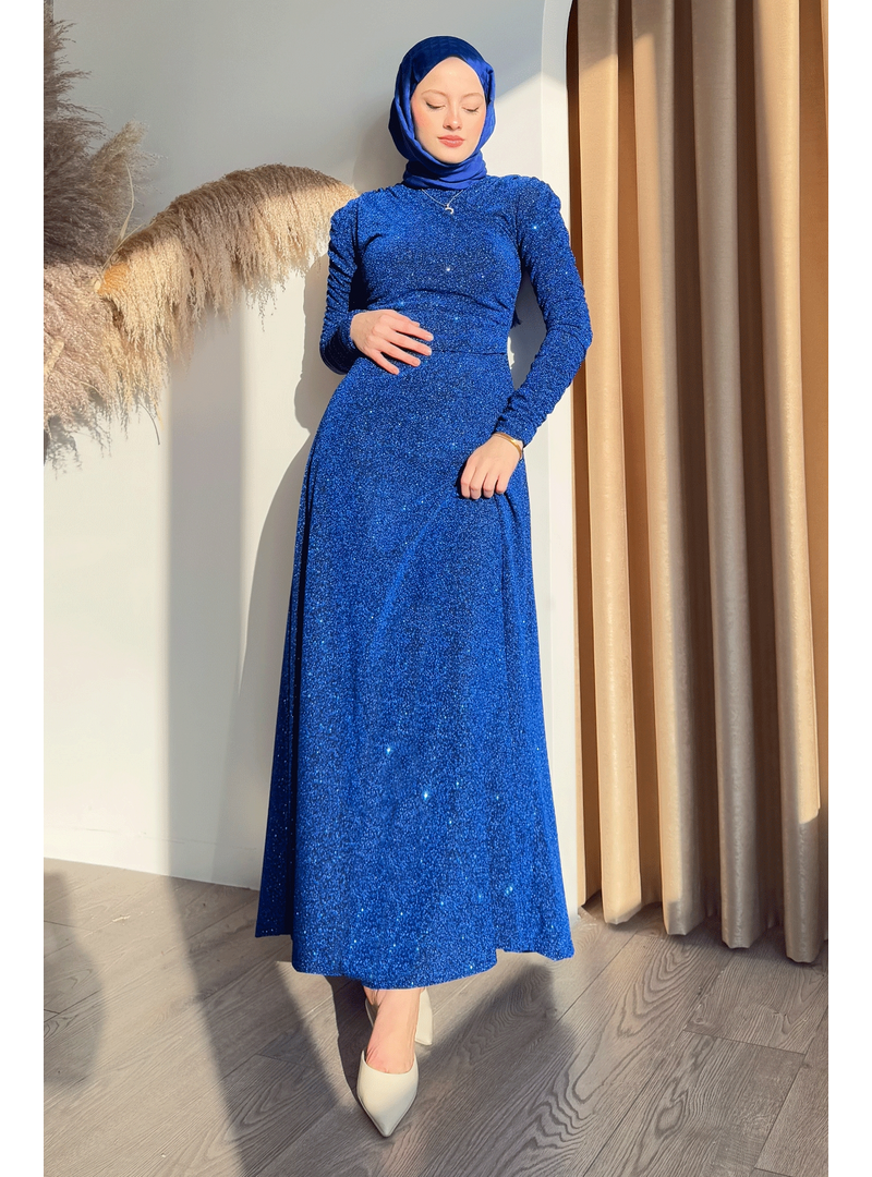 InStyle Simli Kruvaze Büzgülü Saks Mavisi Elbise