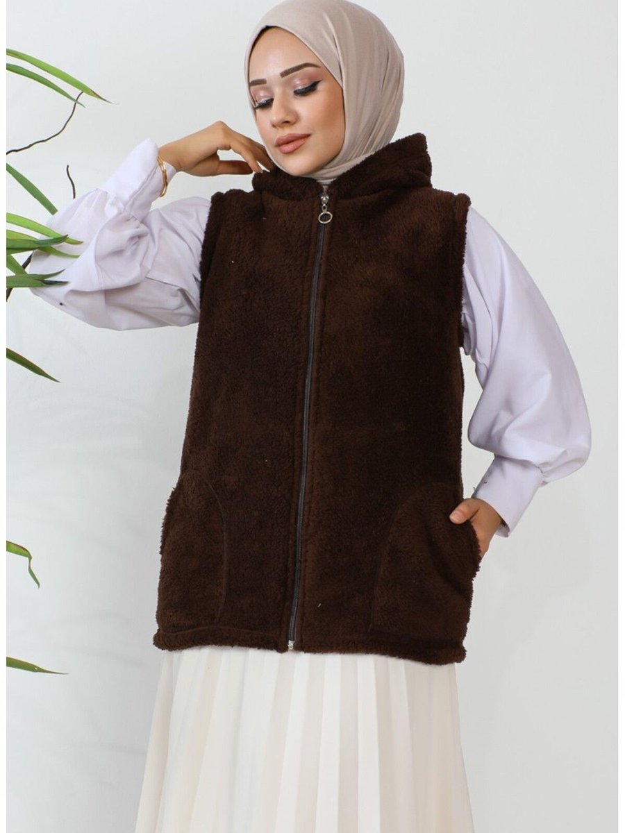 Kardelen Butik Ümraniye Peluş Polar Yelek Kahve Rengi