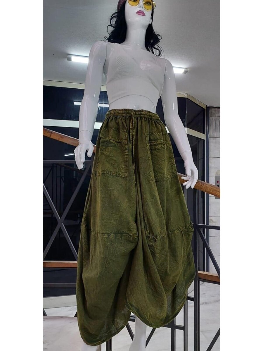 EREN STYLE Haki Hint Etnik Cepli Taşlanmış Şalvar Straplez Elbise Uzun Etek