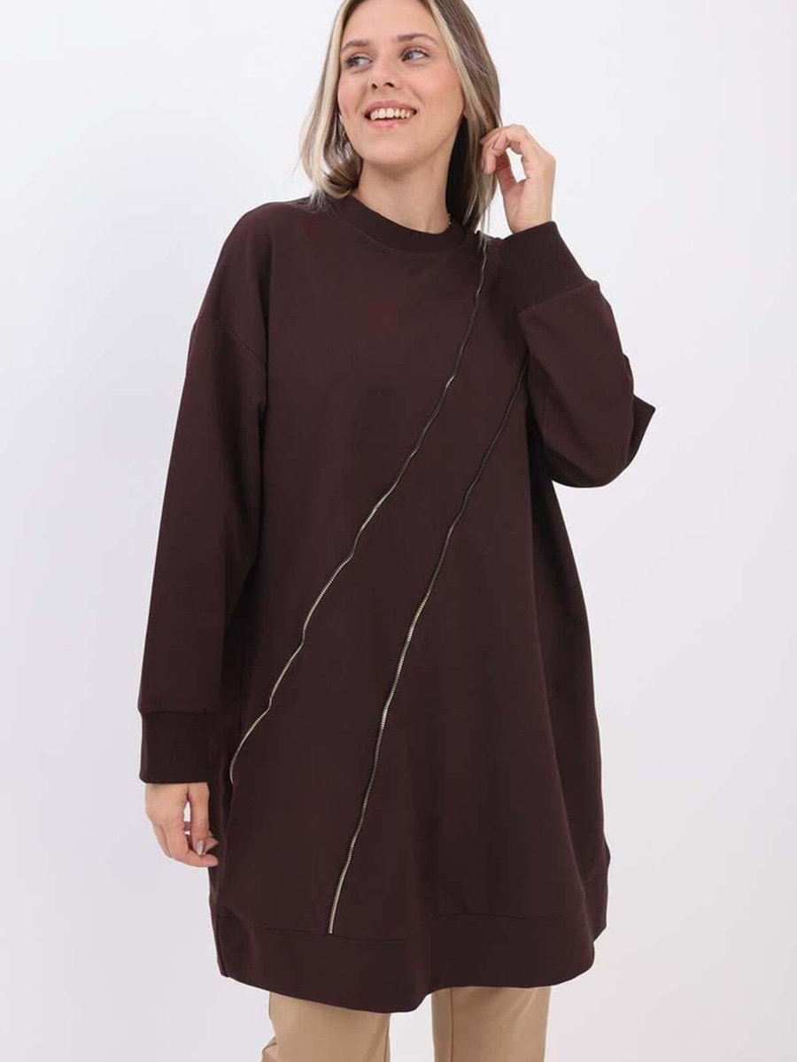 Allday Acı Kahve Süs Fermuarlı Sweat Tunik