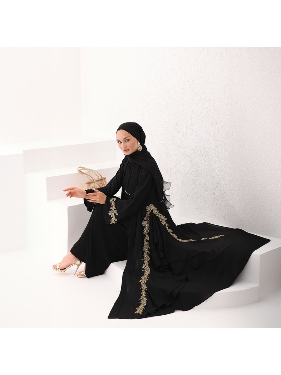 Agh Değerli Hediyeler Lüks Star Gold Şık Abaya Krep Şifon Kaliteli Kumaş El İşlemeli Özel Dikim