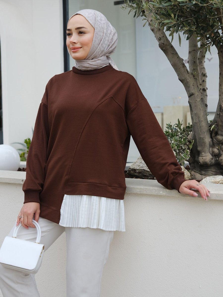 Locco Pilise Detaylı Tunik Kahverengi