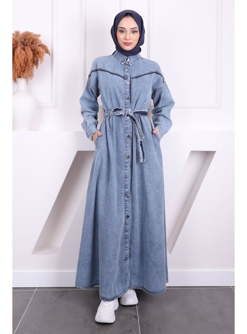 İmaj Butik Mavi Bel Kuşaklı Düğmeli Kot Elbise