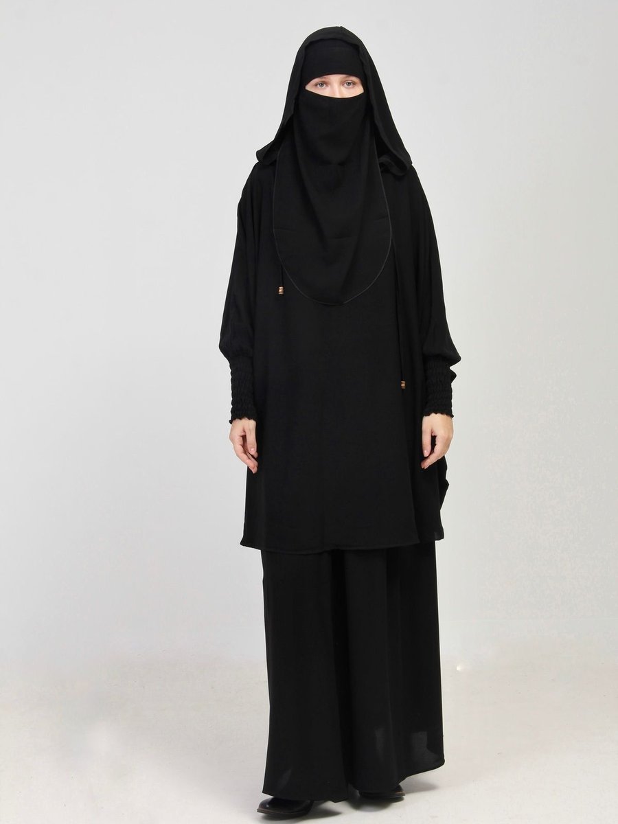 Manolyaşal İslamic Hijab Manolya 3'lü Abaya Takımı Bağcık Detaylı Kapüşonlu Siyah