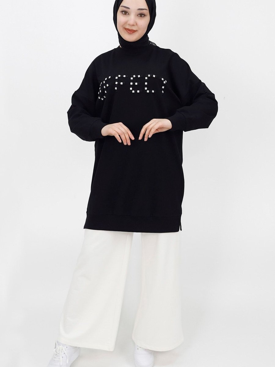 Puane Siyah Taş Detaylı 2ip Sweatshirt