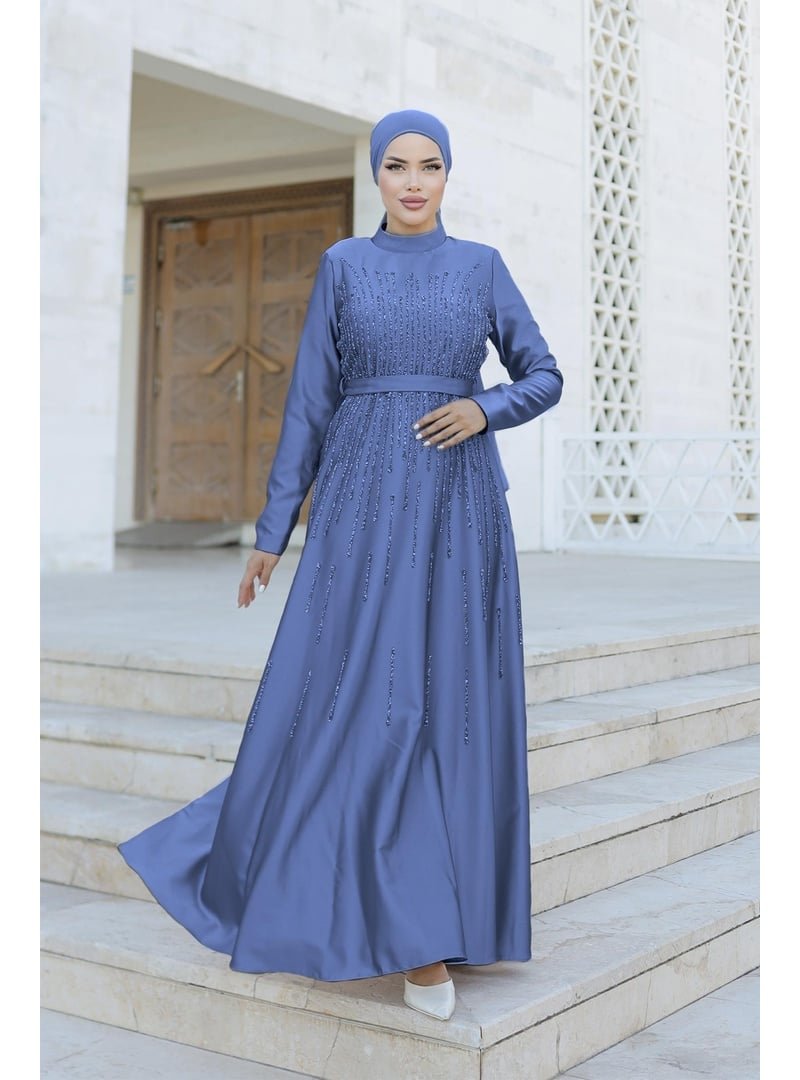Hakimoda İndigo Büyük Beden Yaren Saten Abiye