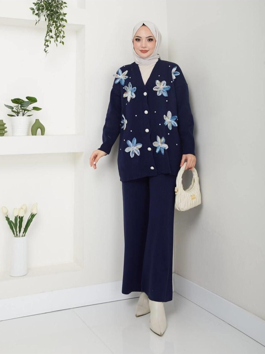 Moda Periy Semela Çiçekli Hırka Pantolon İkili Triko Takım Kombin