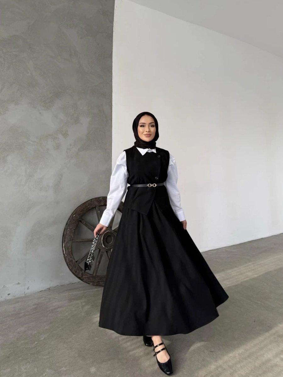 Miraydin Butik Kemerli Yelek Ve Etek Takım Siyah