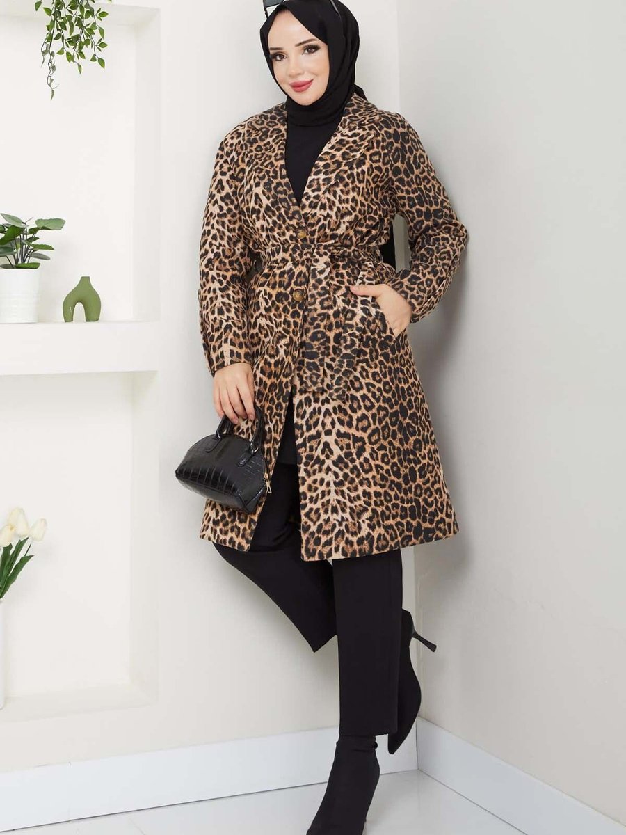 Benguen Baskılı Kaşe Kaban Leopar