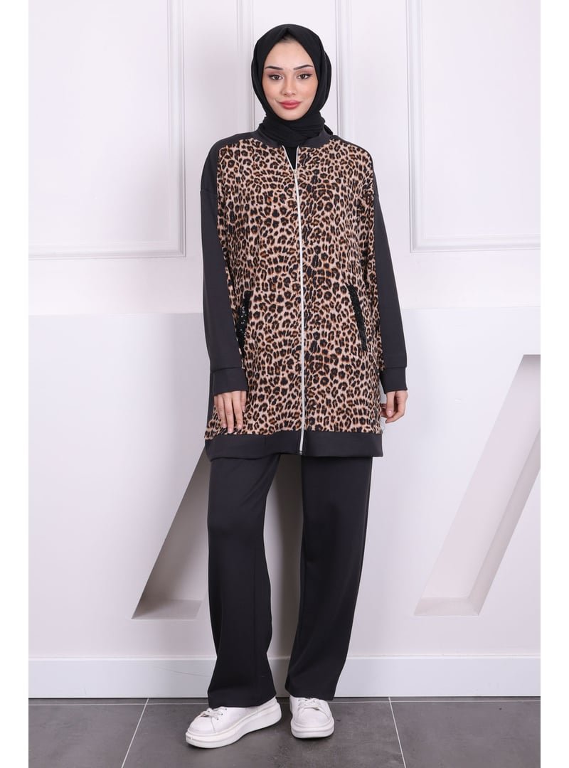 İmaj Butik Füme Payetli Leopar Modal Tunik Pantolonlu