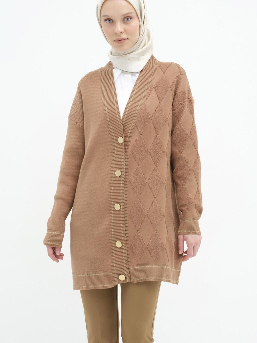 Tuğba Çerçeve Detaylı Triko Hırka Camel