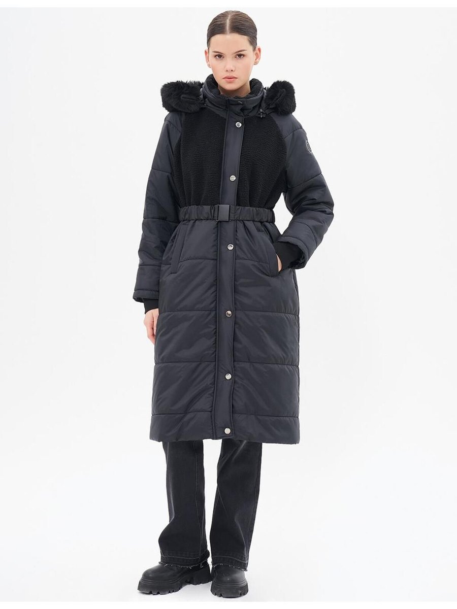 Kayra Peluş Garnili Kapitoneli Anorak Mont Siyah