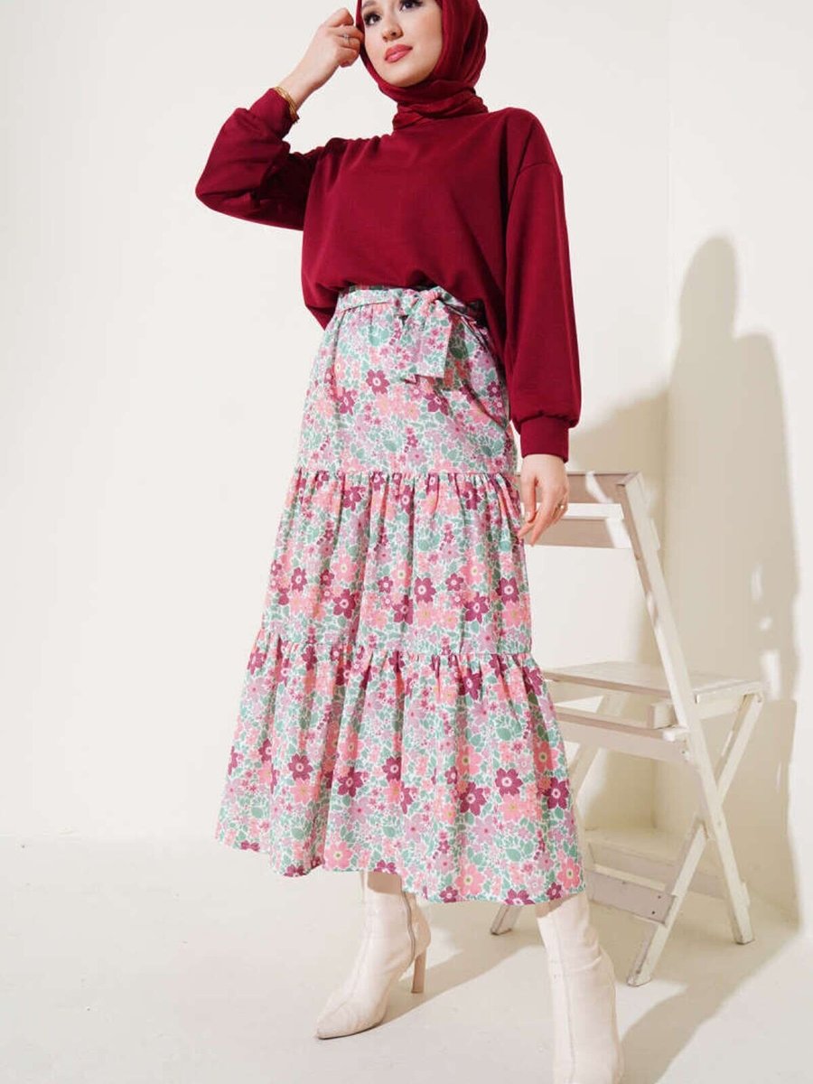 VOLT CLOTHİNG Bordo Çiçek Desenli Etekli İkili Takım