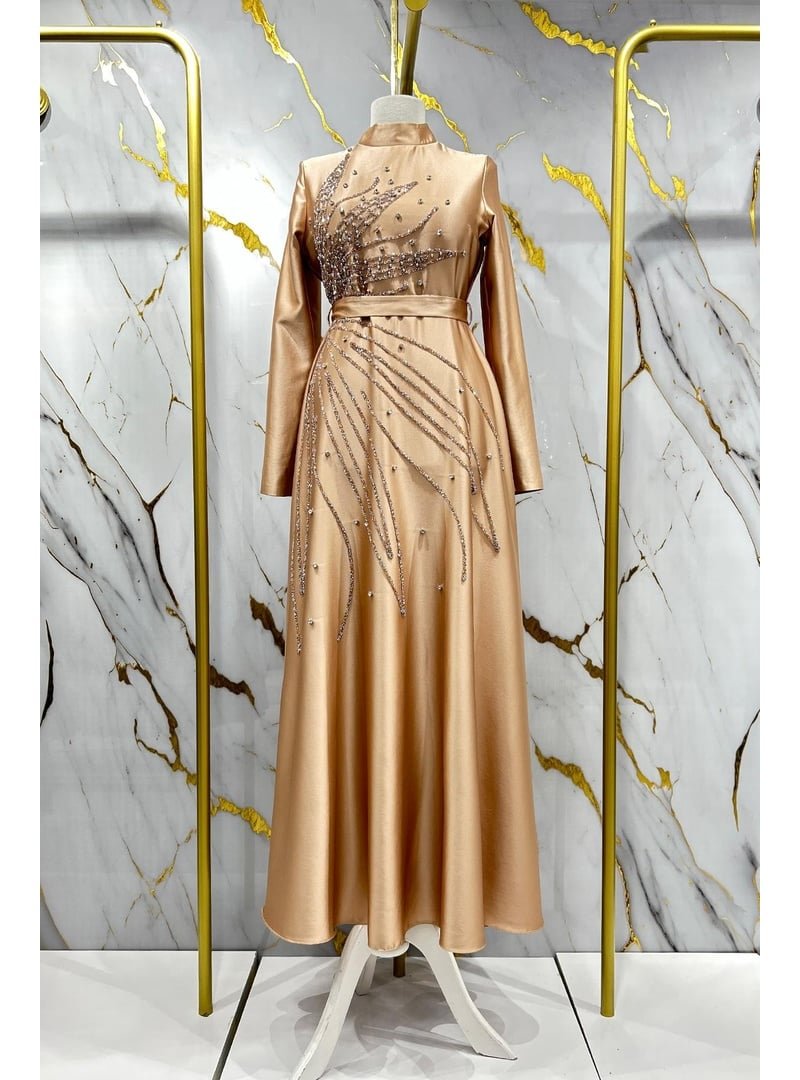 Hakimoda Gold Rengi Saren Saten Abiye Elbise