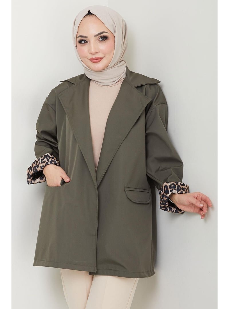 Hafsa Mina Haki Leopar Detaylı Oversize Bondit Ceket