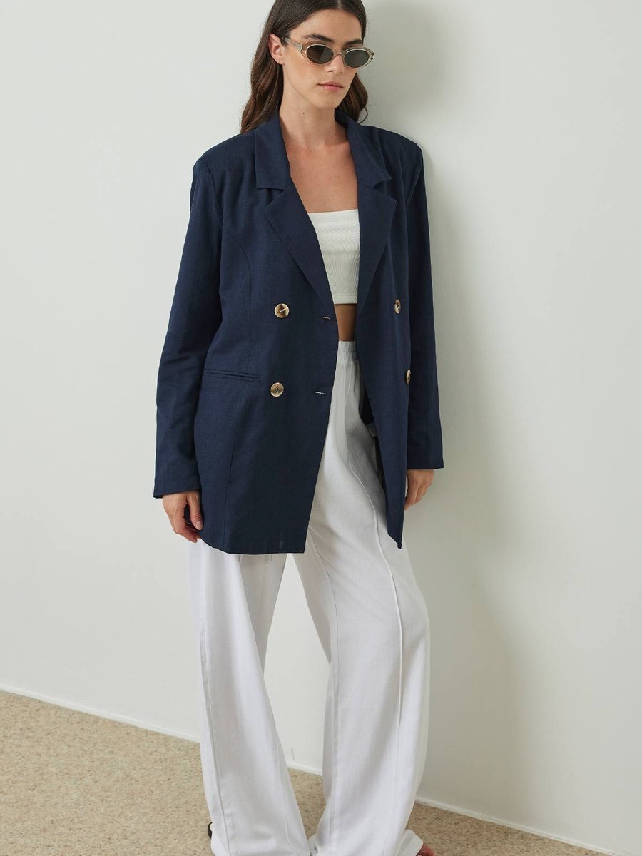 Hooopstore Bağlama Detaylı Lacivert Keten Blazer Ceket