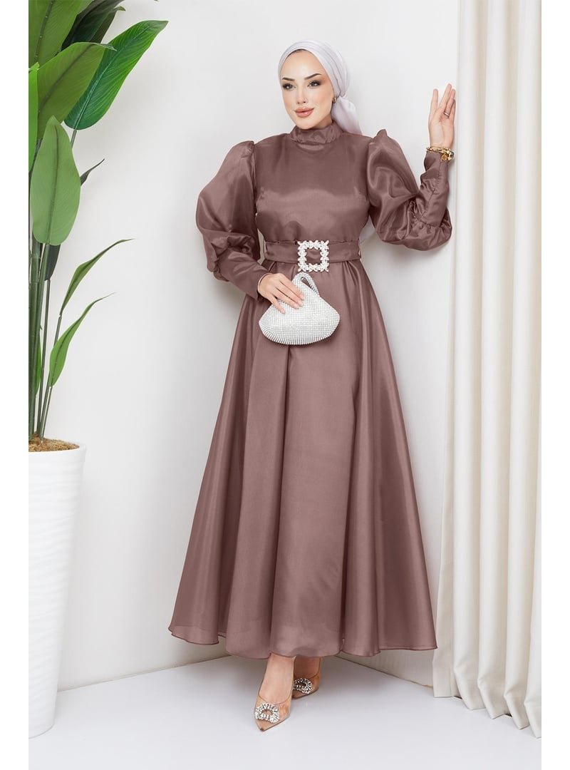 Hakimoda Gül Kurusu Balon Kollu Organze Abiye