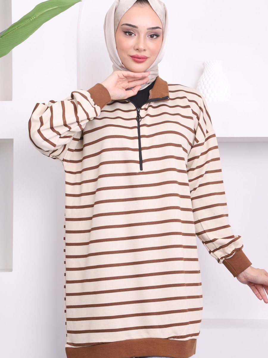 İmajbutik Kahverengi Ribanalı Yaka Fermuarlı Çizgili Sweat