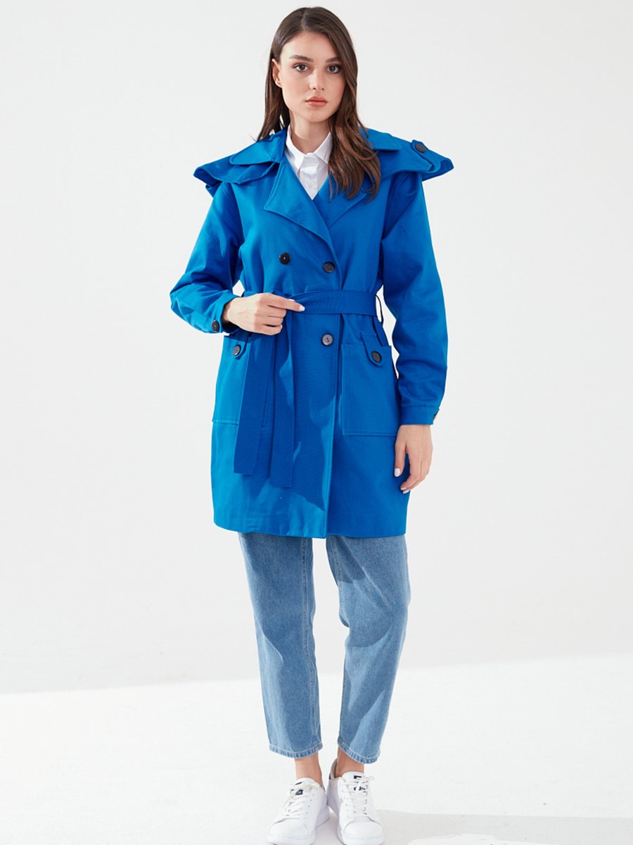 Sahra Afra Kadın Oversize Kısa Trençkot Saks Mavi