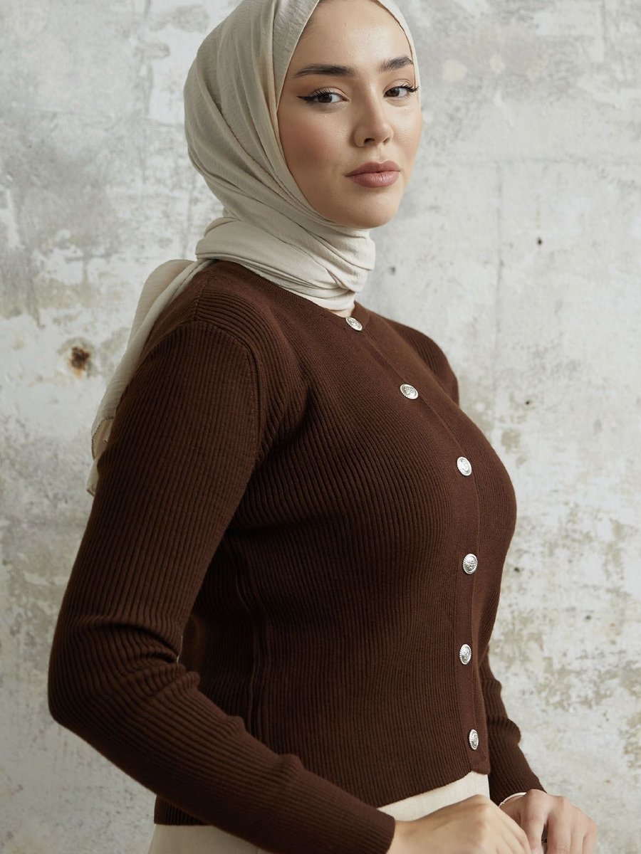 Instyle Loren Taş Düğmeli Triko Kısa Hırka Acı Kahve