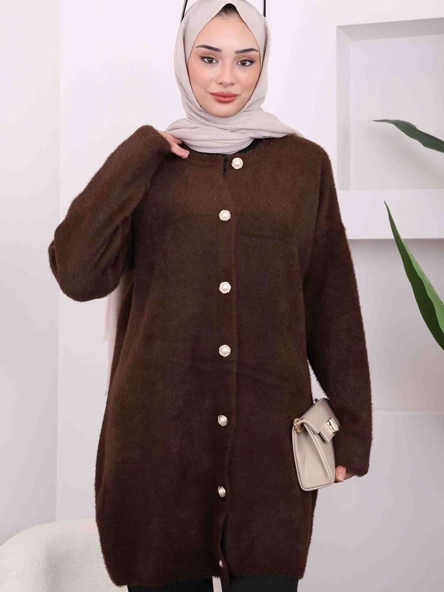 İmajbutik Kahverengi Düğmeli Angora Triko Hırka