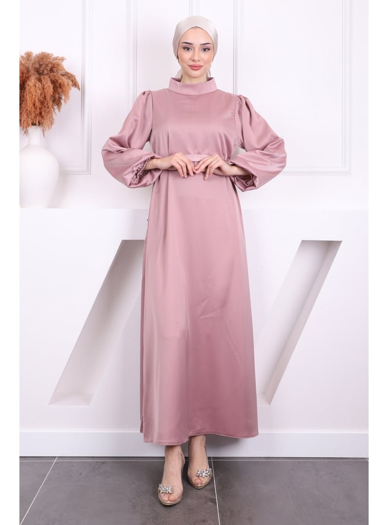 İmaj Butik Gül Kurusu Hakim Yaka Balon Kol Saten Abiye Elbise