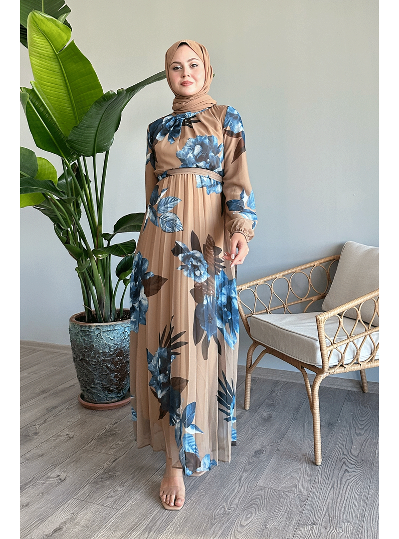 InStyle Renkli Çiçek Desen Haki Şifon Elbise