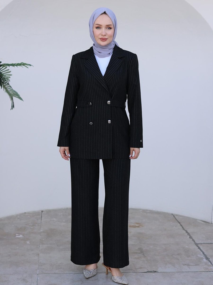 Armine Armine Trend Çizgili Blazer Takım Siyah