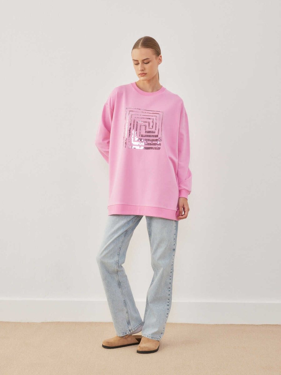 Ekrutex Payet İşlemeli Sweatshırt Pembe