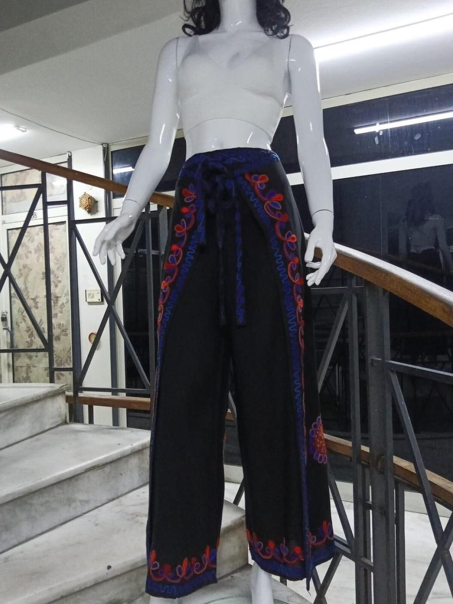 EREN STYLE Siyah Otantik Nakış İşlemeli Harem Şalvar Bulmaca Pantolon