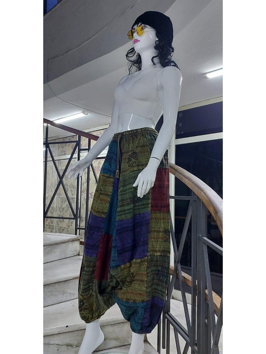 Bohem Stil Renkli Hint Otantik Yıkamalı Taşlanmış Patchwork Şalvar Pantolon