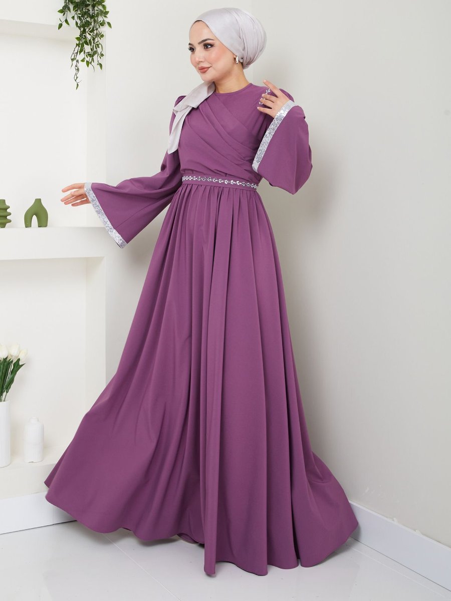 Ayşe Melek Giyim Moda Kemeri Taşlı Krep Abiye Elbise Lila