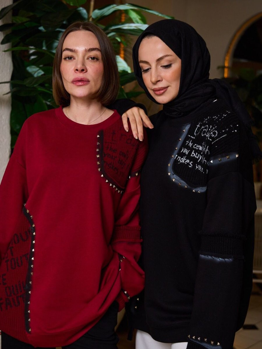 Qimene Zımbalı Nakışlı Bordo Renk Sweatshirt