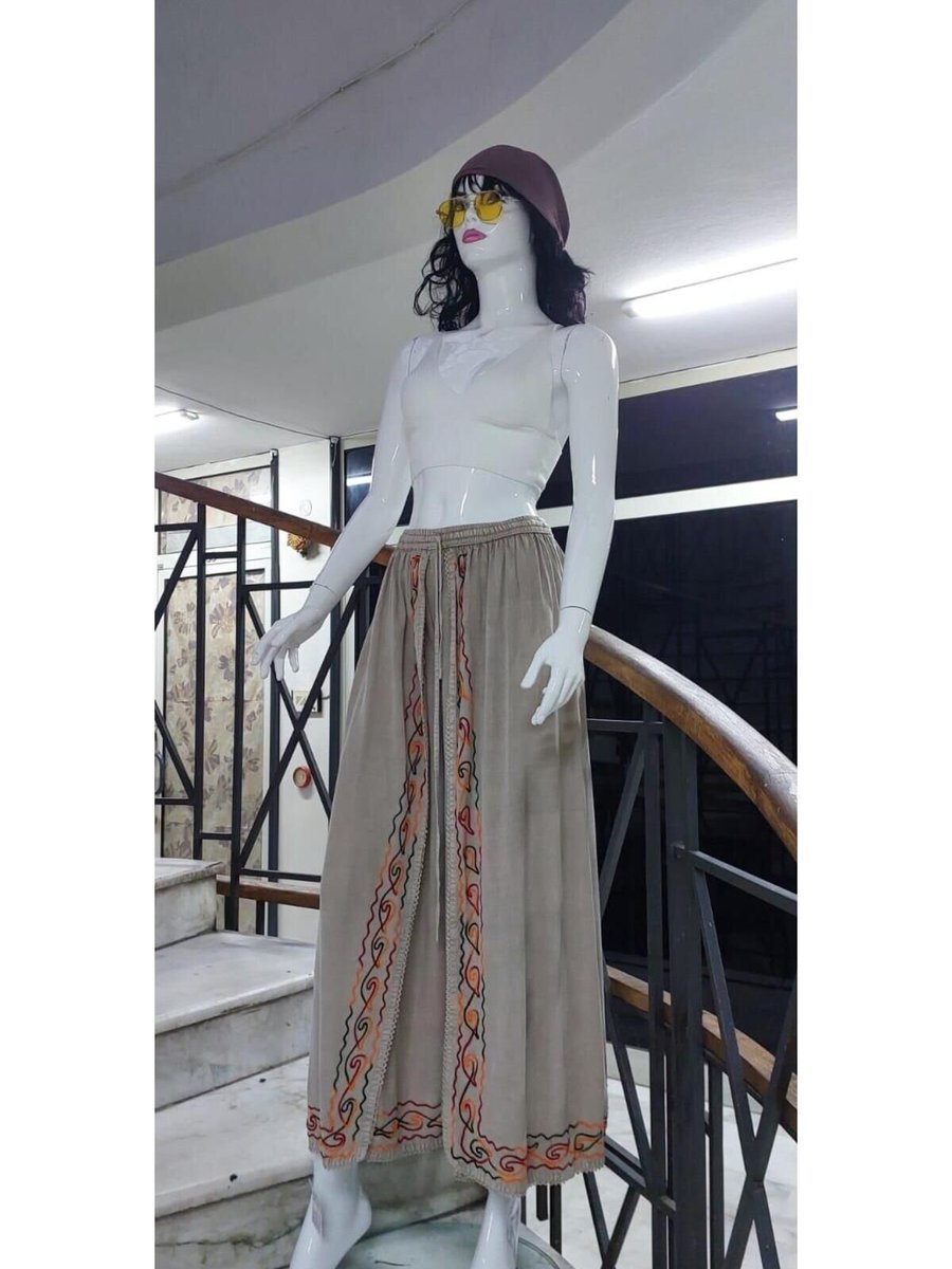 EREN STYLE Krem Otantik Nakış İşlemeli Harem Şalvar Pantolon