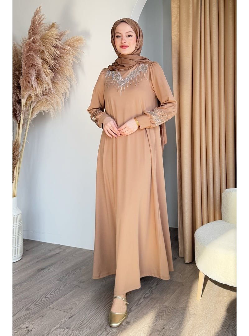 InStyle Taşlı İncili Camel Scuba Elbise