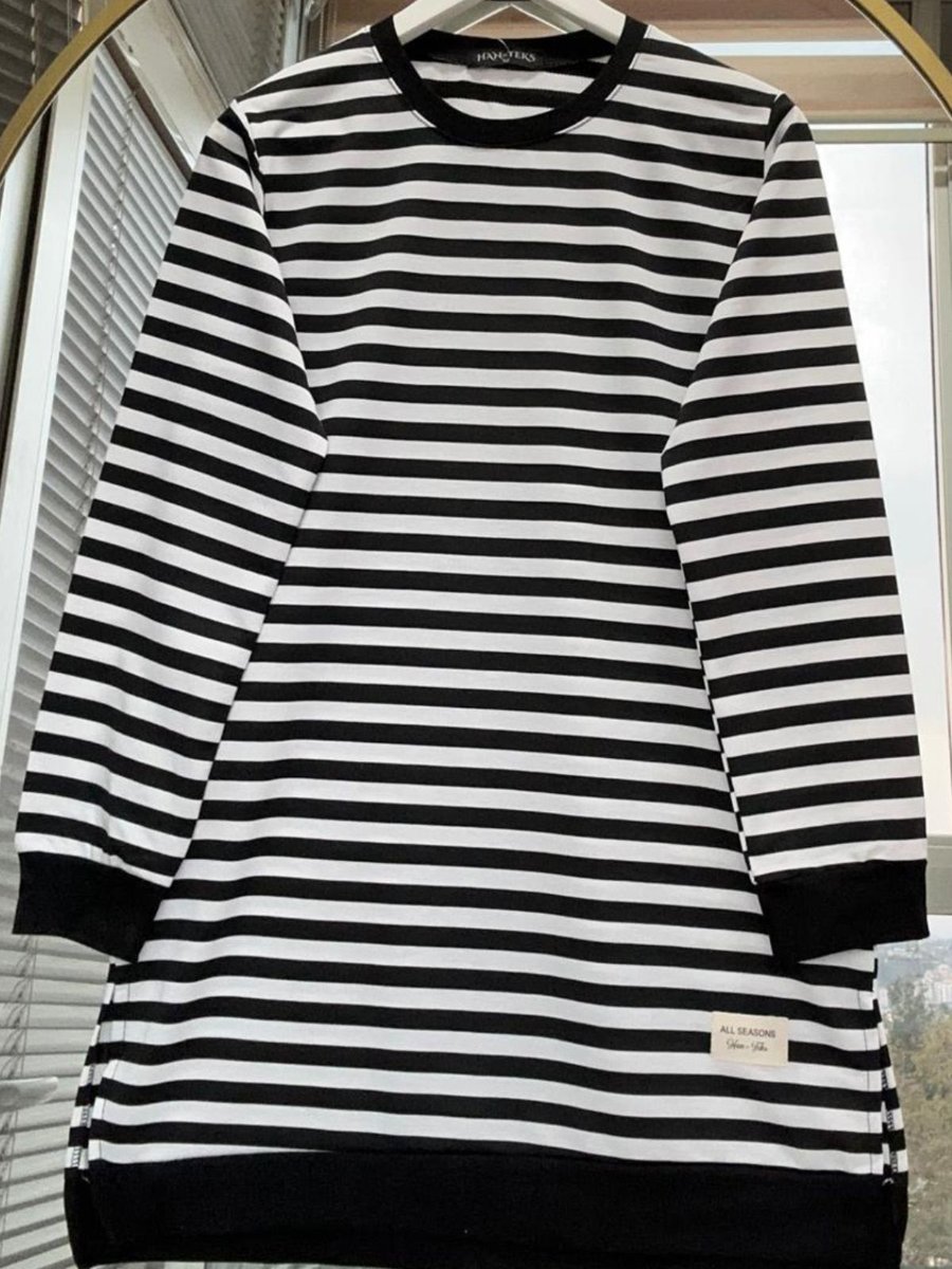 Bold Grup Moda Neva Siyah Çizgili Iki Iplik Kışlık Bisiklet Yaka Salaş Tunik Sweatshirt