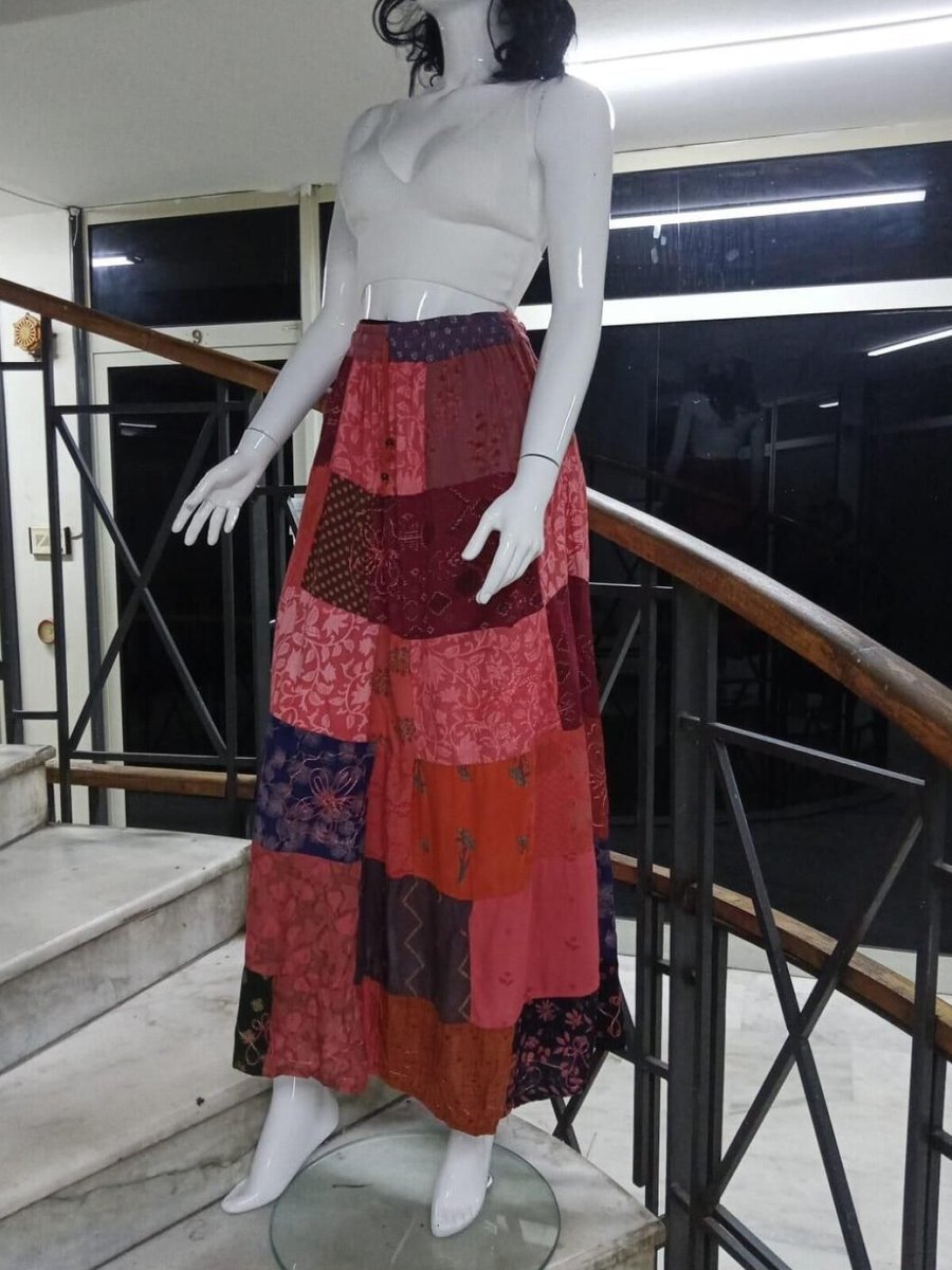 EREN STYLE Kırmızı Hint Etnik Desenli Patchwork Uzun Etek