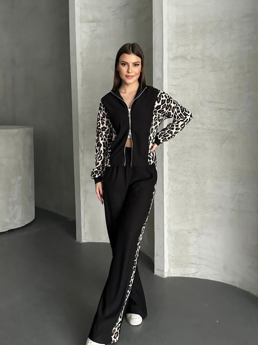VOLT CLOTHİNG Siyah Leopar Desenli Fermuar Detaylı Geniş Paça Pantolonlu Takım