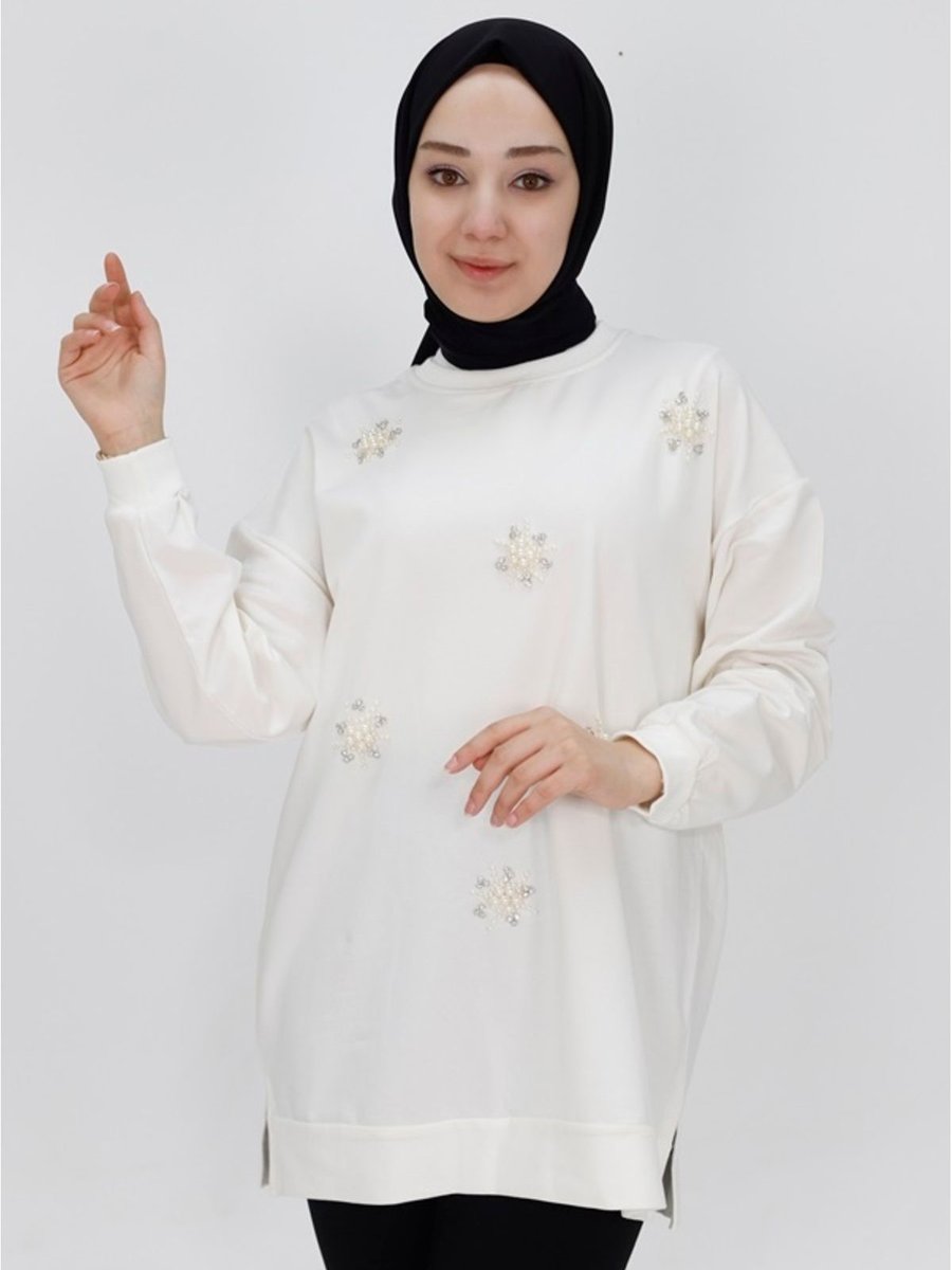 Bycoolest Butik İp Kumaş Taş Ve İnci Detaylı Sweatshirt