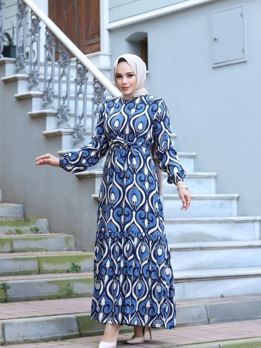 SFG Life Moda Mavi Bel Kuşaklı Dokuma Viskon Kumaş Şık Renkli Ve Desenli Elbise
